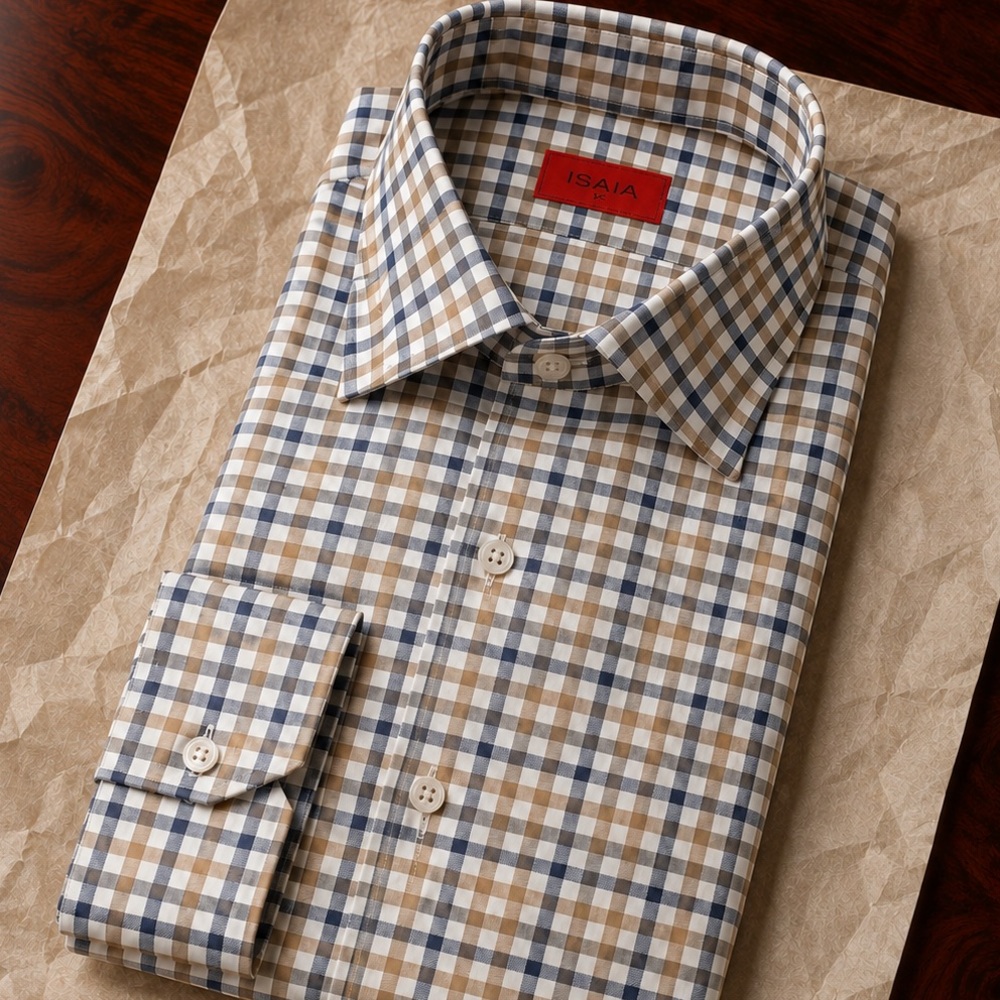 Isaia Refined Dusty Blue and Tan Tattersall Check Dress Shirt